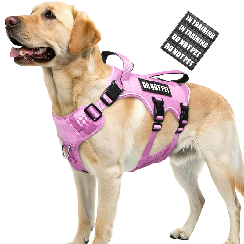 WINSEE Escape Proof Dog Harness, Service Working Molle Harness with Double Handle, Tactical Pet Vest with 4 Patches for Small Medium Large Dogs Walking Hiking Hunting Pink