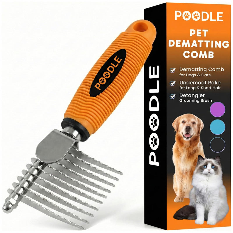 Poodle Dematting Fur Rake Comb Brush for Dogs and Cats - Long 2.5" Steel Safety Blades Metal Comb for Detangling Matted or Knotted Undercoat Hair (Orange) Dematting Comb Orange