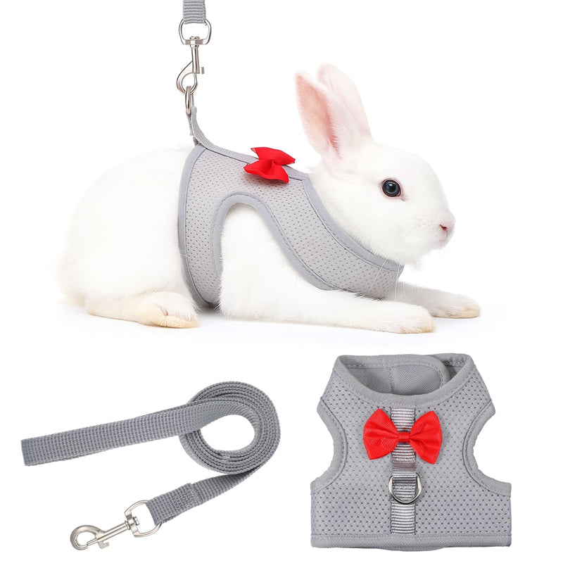 Rabbit Harness and Leash Set with a Cute Bow, Soft Mesh Vest-Style Carrier, Adjustable Rabbit Vest, Suitable for Rabbits, Kittens, Ferrets, Miniature Pigs, and Puppies, Gray Size M - PawsPlanet Australia