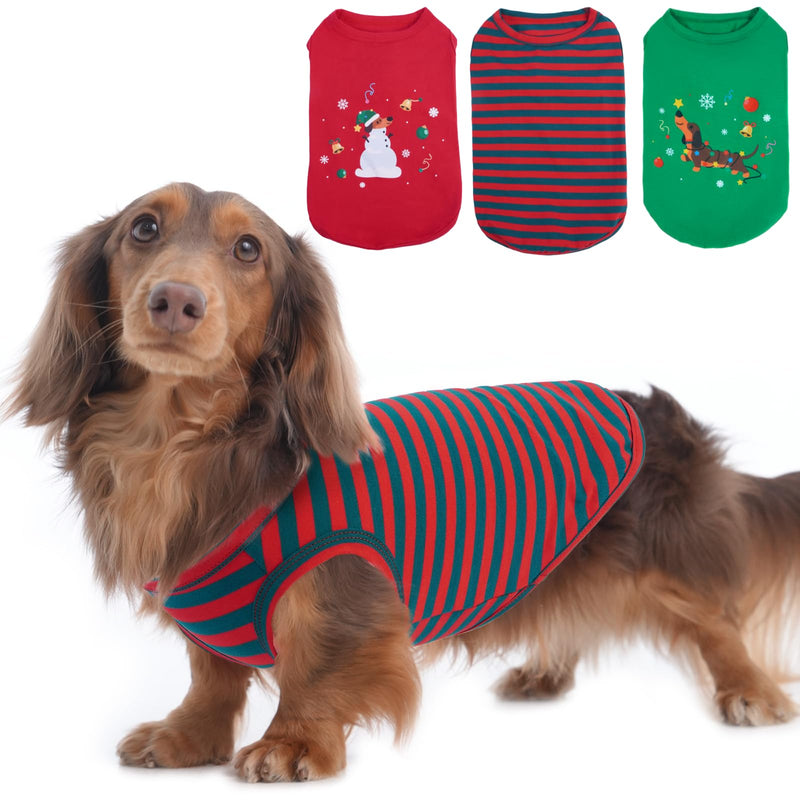 3 Pack Christmas Dog T-Shirt,Printed & Striped Set,Sleeveless Vest Autumn Winter Indoor Lounge Wear,Soft Lightweight Dachshund Clothes,Festival Party Cute Outfits(Red&Green,L) Red-Green-Stripes Large?Chest:18"?