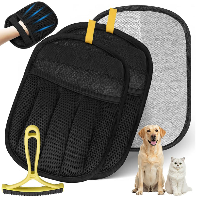 2 Pack Electrostatic Pet Hair Remover Glove with Cleaning Brush for Cats & Dogs, 2026 Upgraded Reusable 5-Finger Grooming Gloves – Magic Brush Tool for Furniture, Couch, Carpet, Car & Clothing (Black) - PawsPlanet Australia