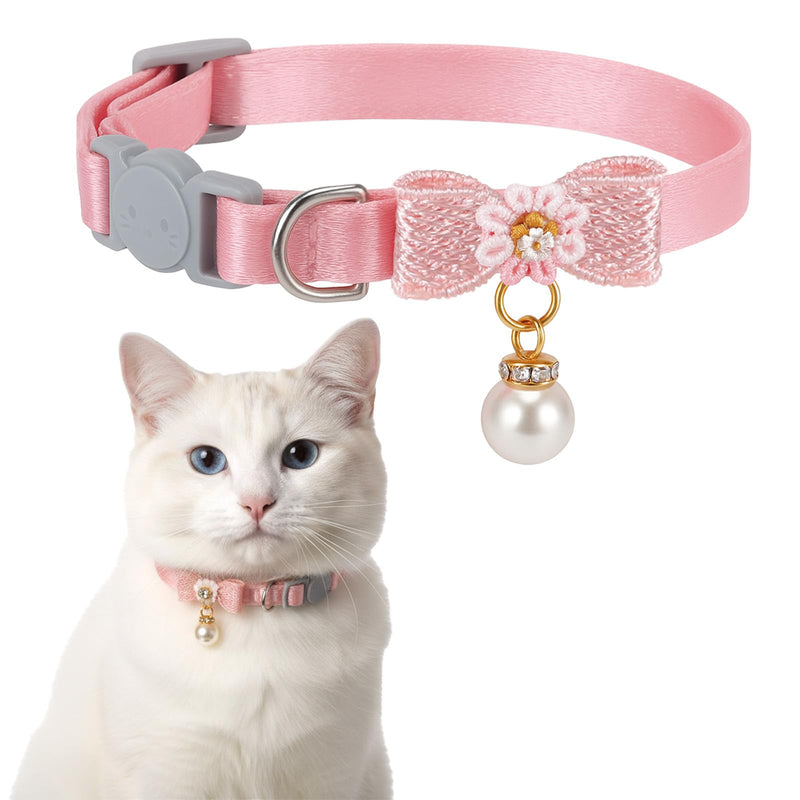 Cat Collar Breakaway, Adjustable Pink Cat Collar with Pearl Pendant, Cute Cat Collars with Safety Buckle Pink Bowtie Kitten Collars for Girl Cats - PawsPlanet Australia