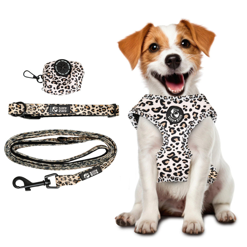 4-Piece Leopard Print Dog Set, Harness with Leash, Collar and Waste Bag Dispenser, Matching Coordinated Bundle (Large) Large - PawsPlanet Australia