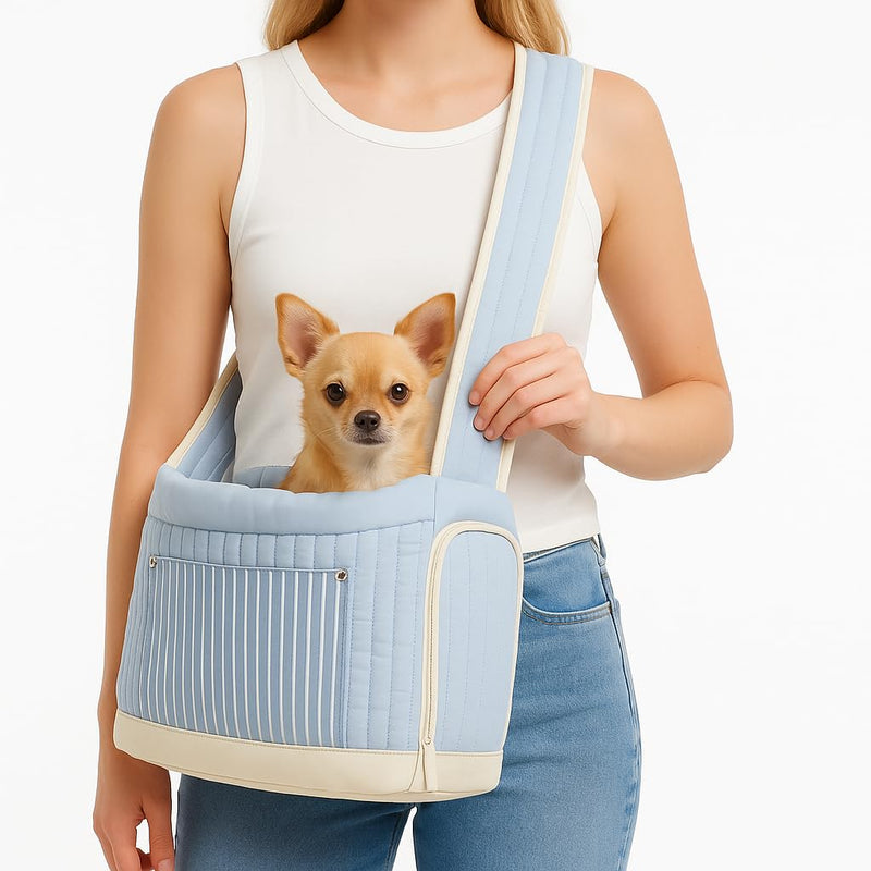 Stylish Quilted Dog Sling Carrier – Hands-Free Pet Shoulder Bag for Small Dogs & Cats, Breathable & Secure Travel Tote up to 12 lbs, Blue - PawsPlanet Australia