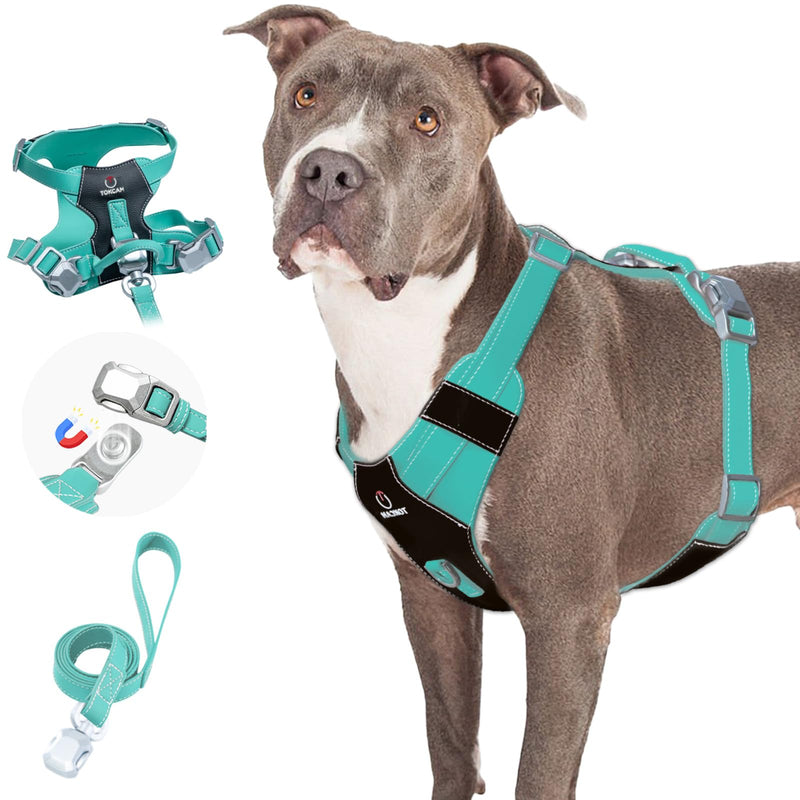 Magnetic Dog Harness and Leash Set with Quick Release Buckle, Easy On & Off Faux Leather Puppy Harness with Leash, Dog Vest Harness with Handle for Medium, Large Sized Dog Mint Blue - PawsPlanet Australia