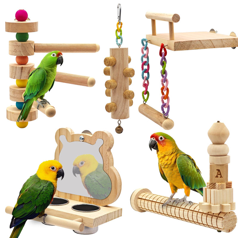 5PCS Bird Perch and Toy Set. Includes a Perch, Feeder, Swing, and Chew Toy. Hangable Natural Solid Wood Birdcage Accessories, Suitable for Small Budgies, Cockatiels, Conures, Lovebirds, Etc. - PawsPlanet Australia