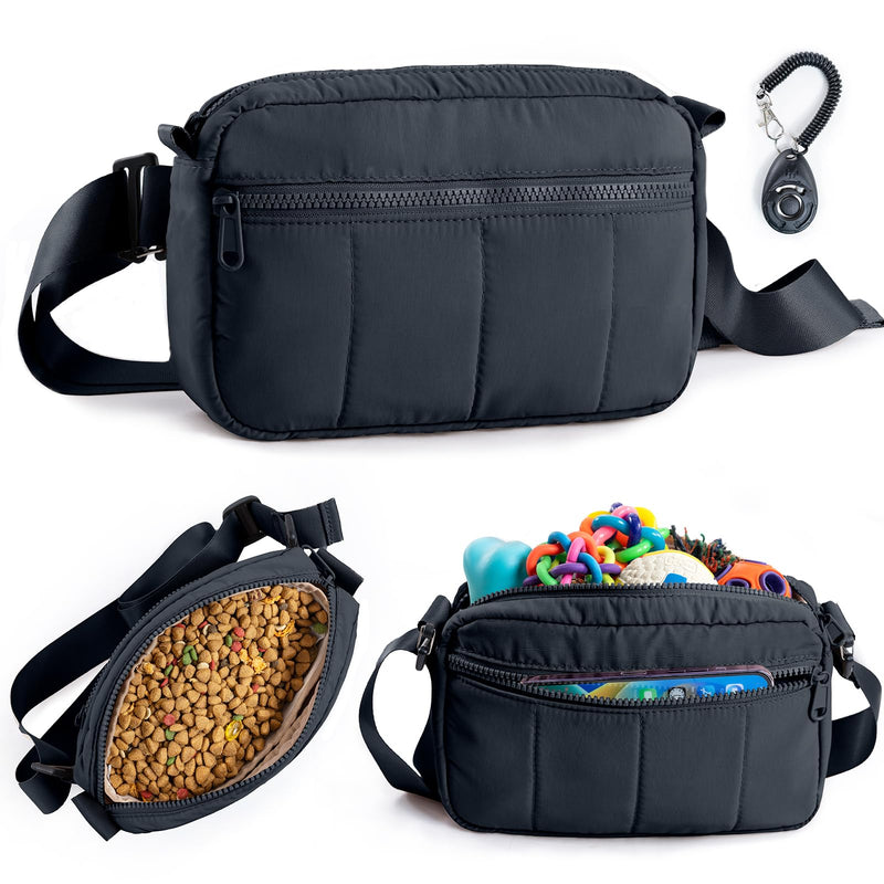 Fashion Dog Treat Pouch with Clicker Stylish Crossbody Dog Walking Bag, 3-in-1 Dog Training Treat Pouch with Removable Waterproof Liner, Treat Holder Waist Bag for Puppy Training & Daily Walks Black