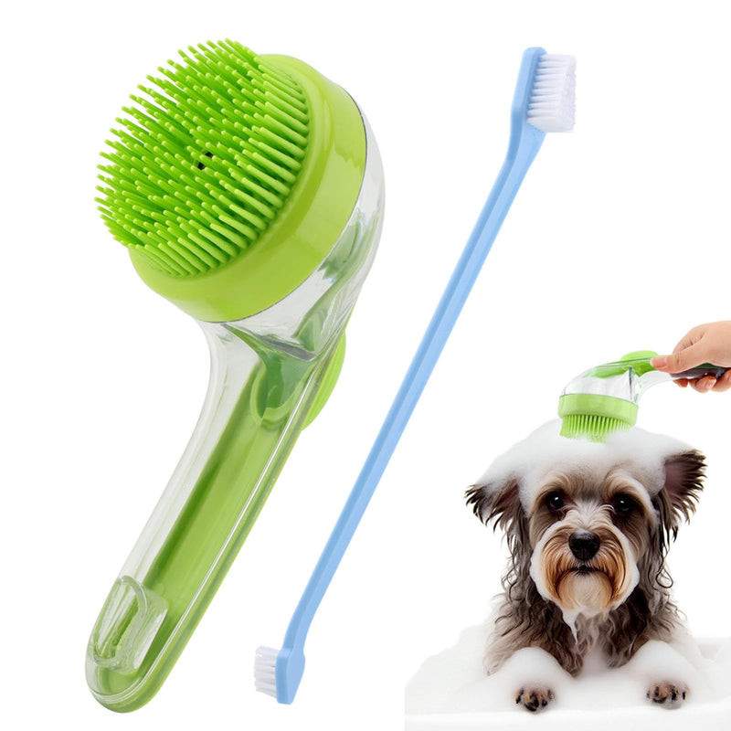 Pet Bath Brush, 2 in 1 Dog Bath Brush with Built-in Shampoo Dispenser, Pet Wash Brush with Double Head Toothbrush, Grooming Massage Brush for Dogs & Cats Green - PawsPlanet Australia