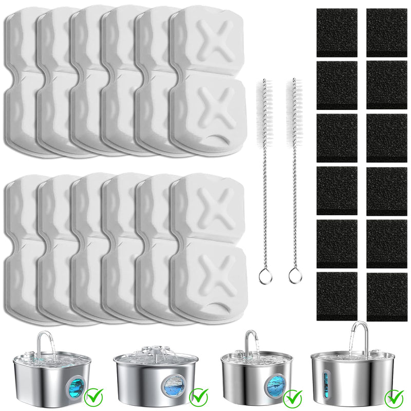 Cat Water Fountain Filter Replacement Kit - 12 Cat Fountain Filters, 12 Sponges & 2 Brushes, Compatible with Stainless Steel Pet Fountains 12 Filters & 12 Sponges & 2 Brushes 26
