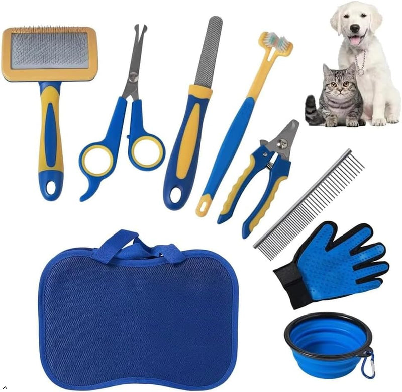 Professional 8-Piece Pet Grooming Kit for Dogs & Cats – Deshedding Brush, Nail Clippers, Scissors, Comb, Grooming,Beauty File,Collapsible Dog Bowls,pet Toothbrush,Glove & Travel Case - PawsPlanet Australia