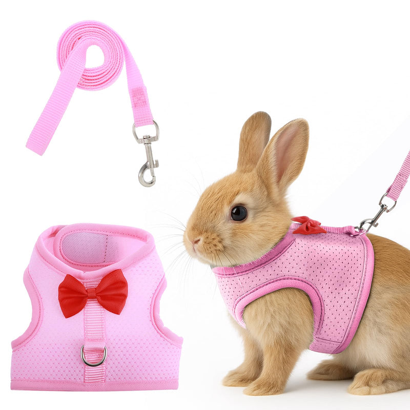 Rabbit Harness and Leash Set with Cute Bow, Soft Mesh Vest Harness for Rabbits, Adjustable Bunny Vest Harnes, Bunny Leash for Rabbits Walks Accessories(Pink) - PawsPlanet Australia