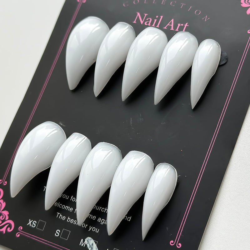 Luxury Press on Nails Medium Stiletto Handmade Eagle Claw Unique Reusable ABS Material White Fake Nails Cat Claw False Nails with Solid Colour Designs Glossy Glue on Nail Curved Thick Acrylic Nail(M) N41 M - PawsPlanet Australia