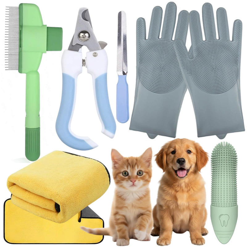 Cat&Dog Grooming Kit-6PCS for Cat Flea Comb, Dog Brush For Shedding,Pet Nail Clippers For Dogs,Pet Grooming Gloves, Dog Finger Toothbrush & Dog Bath Towel- Perfect Cat Grooming Supplies green - PawsPlanet Australia