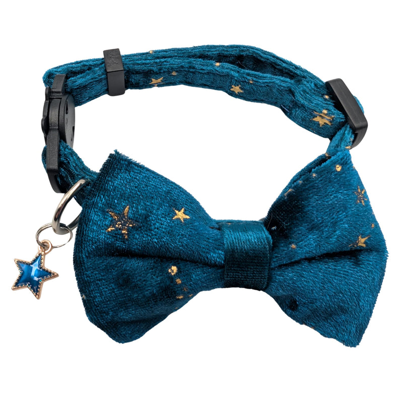 Celestial Cat Collar – Adjustable Breakaway Collar for Cats with Star Charm – Velvet Bowtie Collar | Kawaii Cat Collar (19–25 cm / 7.5–10") (Teal) Teal - PawsPlanet Australia