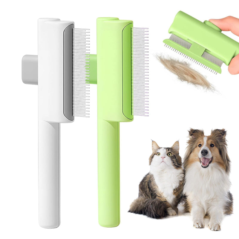2 Pcs Flea Comb for Pet, Dog Cat Hair Removal Comb with Release Button, Self-Cleaning Grooming Brush for Shedding, Massaging, Short & Long Fur (White&Green) - PawsPlanet Australia
