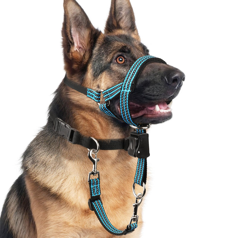 BARKLESS No Pull Dog Head Collar for Gentle Training Walking, Soft Padded Head Halter with Collar Safety Clip, Comfortable Fit Muzzle Leash with Reflective Strap for Medium Large Dog (Blue, XL) Blue XL (Snout 12"-17.5") - PawsPlanet Australia