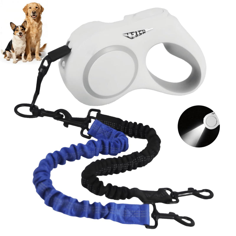 16.4ft Dual Retractable Dog Leash,for XS‑L Dogs Up to 55 lbs,USB Rechargeable LED Light,360°Tangle‑Free,Detachable Front Leash & Emergency Ready,Reflective Elastic(White) White - PawsPlanet Australia
