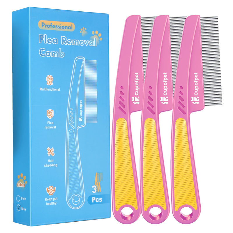3-Pack Flea Comb with Rubber Handle, Fine Tooth Flea and Tick Combs for Dogs & Cats, Anti-Slip Pet Grooming Comb for Puppies, Kitties (Pink) Pink - PawsPlanet Australia
