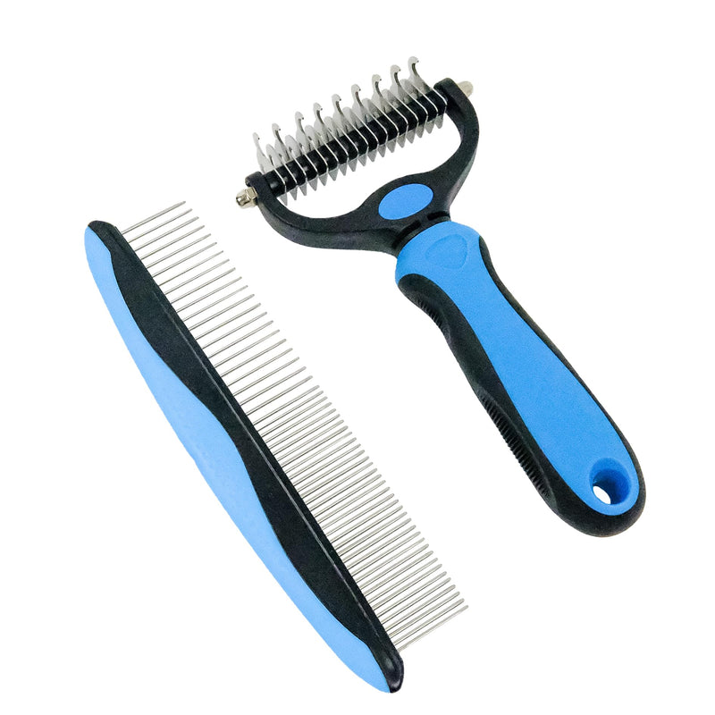 Pet Grooming Rake - Blue Deshedding Comb with Grooming Comb for Dogs and Cats,Double-Sided Dematting Tool,Extra-Wide Deshedding Dog Brush for Long Hair to Effectively Remove Tangles,Knots and Mats - PawsPlanet Australia