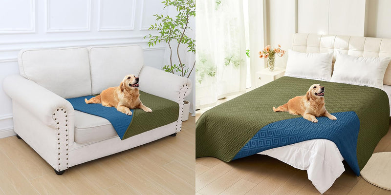 hyha Waterproof Dog Bed Blanket, Soft Pet Blankets 30x53 Inch and 82x102 Inch in Green/Navy Blue, 2 Item Bundle - PawsPlanet Australia