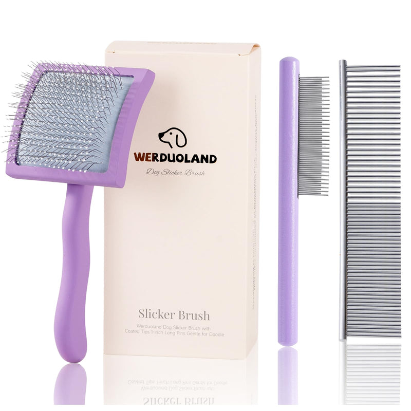 Gently Grooming Slicker Brush with Coated Tips for Long-Haired Dogs-Ergonomic Wooden Handle, Long Pins for Grooming Goldendoodles Poodles Purple
