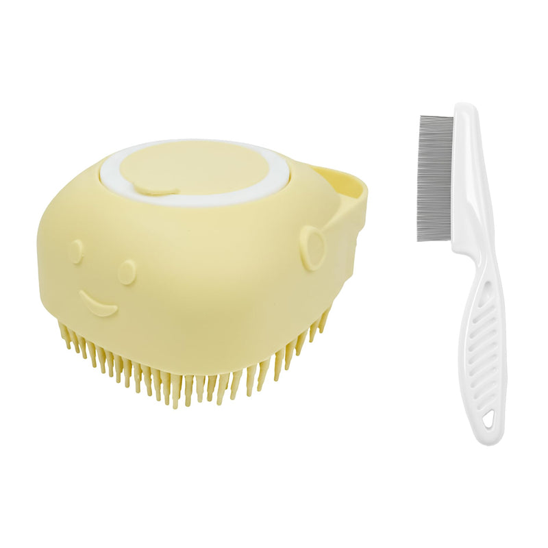 Pet Bath Massage Brush,Pet Bath Brush with Shampoo Dispenser,with Dog Grooming Comb,Suitable for Long and Short haired Dogs and Cats(Yellow)