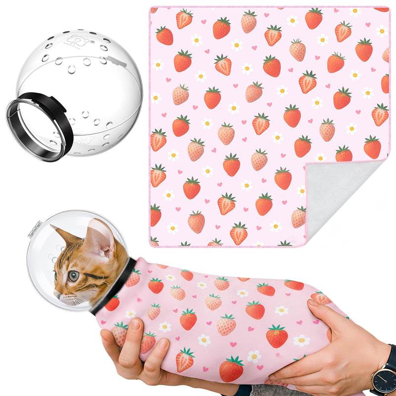 Chunful Cat Muzzle for Grooming, Cat Helmet and Wrap for Cutting Nails, M Size Adjustable Mask, 27.6" Anti-Escape Calming Swaddle Cloth, Bathing Shaving Anti-Scratch Pet Tools(Strawberry) Strawberry