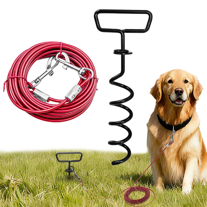Dog Tie Out Cable and Stake 34ft, Heavy Duty Dog Chains for Outside with Lockable Hook, Pet Runner Cable Leads for Medium Large Dogs Up to 250 LBS,Comfort Grip for Daily Walking/Outdoor Red - PawsPlanet Australia