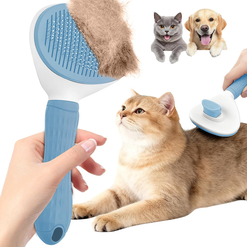 Cat Brush, Self Cleaning Slicker Brush, Skin-Friendly Grooming Tool for Cats & Dogs, Easily Removes Shedding Hair & Mats, Pet Massaging Tool for Long and Short, No Hair Build-Up, Easy to Clean Blue