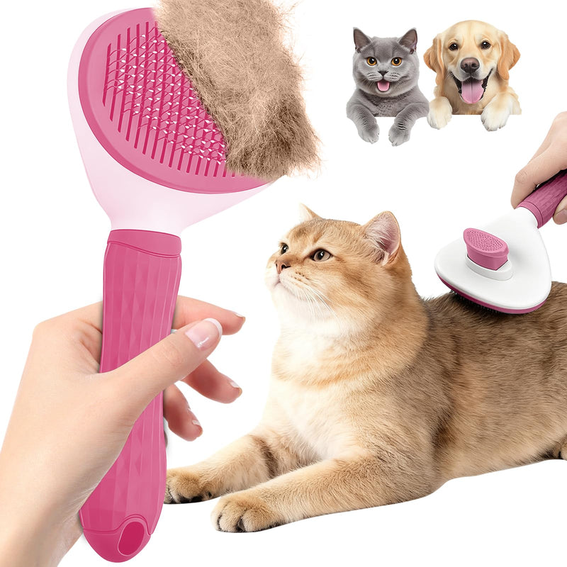 Cat Brush, Self Cleaning Slicker Brush, Skin-Friendly Grooming Tool for Cats & Dogs, Easily Removes Shedding Hair & Mats, Pet Massaging Tool for Long and Short, No Hair Build-Up, Easy to Clean Pink