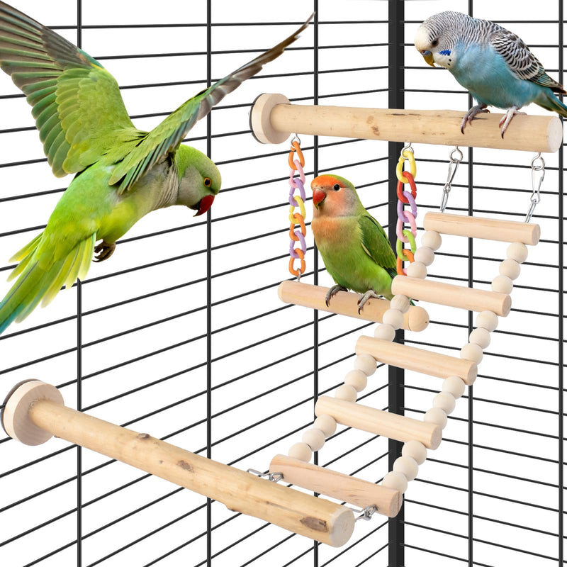 Bird Perches Ladder with Swing, Natural Wood Parrot Climbing Bridge Perch Toys, Exercise Play Stand Parakeet Cage Accessories for Budgie Cockatiel Green-Cheeked Conure Caique 4 in 1