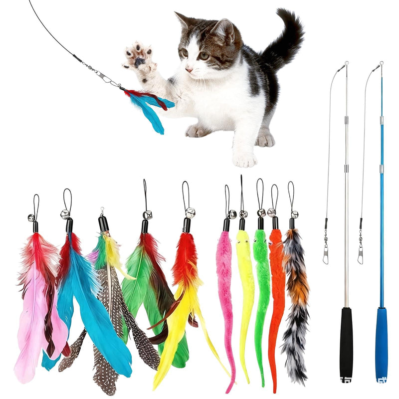 12PCS Interactive Cat Toys, Retractable Cat Toy Wand and Feather Toys Refills, Cat Toys for Indoor Cats to to Chase and Exercise, Replacement Teaser with Bell, Durable and Safety Feathers for Kitten - PawsPlanet Australia