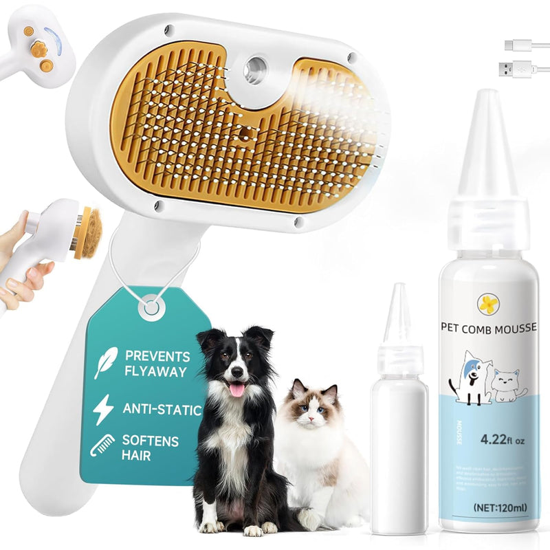 Pet Steam Brush Dog Cat 2025 New Grooming Comb for Shedding, Floating Hair, Smooth & Detangling, Gentle Cool Mist Softens Hair Reduces Static Helps Pets Who Dislike Bathing,Includes Waterless Shampoo 7.8"-Shampoo - PawsPlanet Australia