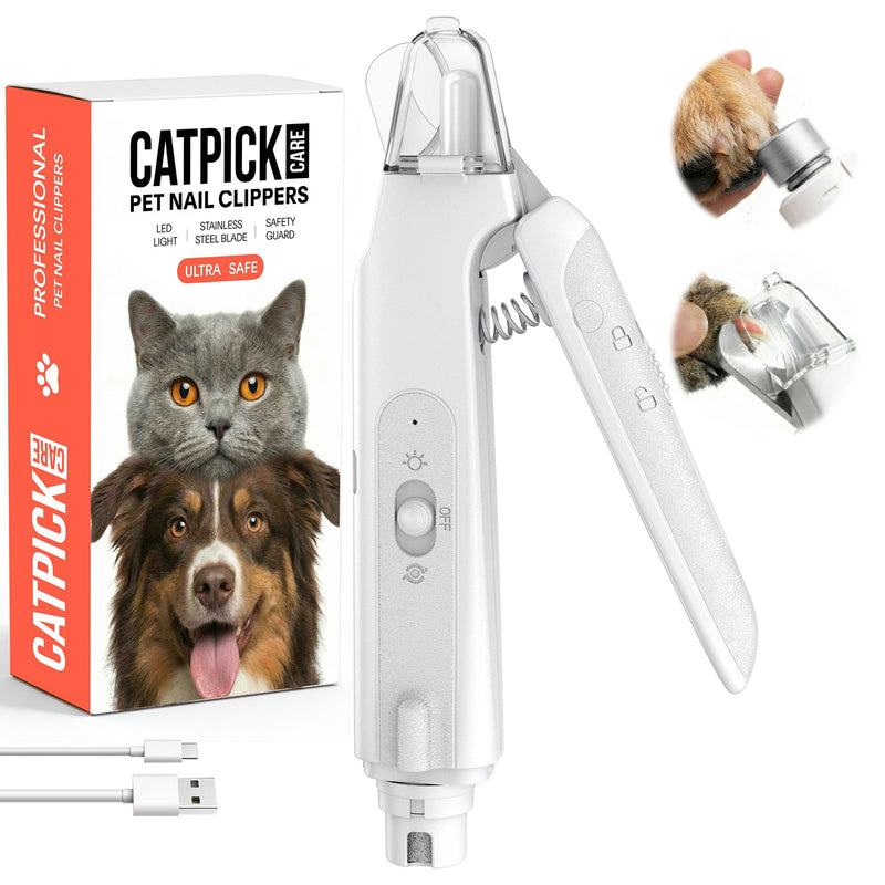 2-in-1 Dog & Cat Nail Clipper with Grinder - Dual Highlight LED Reduce Over-Trimming, Long Battery Cordless USB-C Rechargeable, Safety Lock & Catcher Cap, Quiet Home Grooming for Small Large Pets White - PawsPlanet Australia