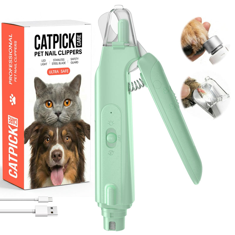 2-in-1 Dog & Cat Nail Clipper with Grinder - Dual Highlight LED Reduce Over-Trimming, Long Battery Cordless USB-C Rechargeable, Safety Lock & Catcher Cap, Quiet Home Grooming for Small Large Pets Green - PawsPlanet Australia