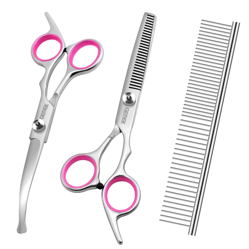 GEMEK Dog Grooming Scissors with Safety Round Tips Stainless Steel Professional Dog Grooming Kit - Thinning, Curved Scissors and Comb for Cat Pet (Pink 4 in 1) Pink 4 in 1 - PawsPlanet Australia