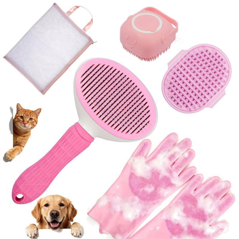 Dog Bath Supplies, Bath Grooming Kit with Storage Bag - Self Cleaning Slicker Brush, Shampoo Brush & Scrubber, Dog Grooming Gloves for Short & Long Haired Dogs & Cats (6 PCS) Premium2.0 Pink