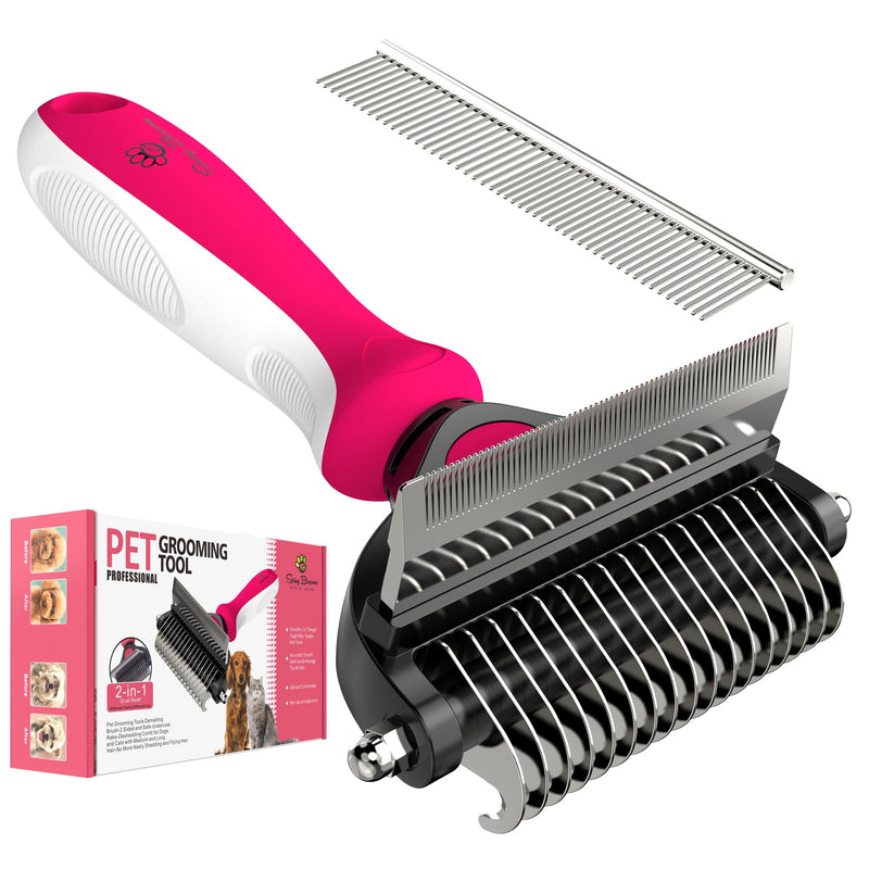 Spring Blossoms-2 in 1 Professional Grooming Rake for Cats & Dogs-Dematting Comb for Easy Mats & Tangles Removing,Pet Brush Safe No More Nasty Shedding and Flying Hair (Rose) Rose