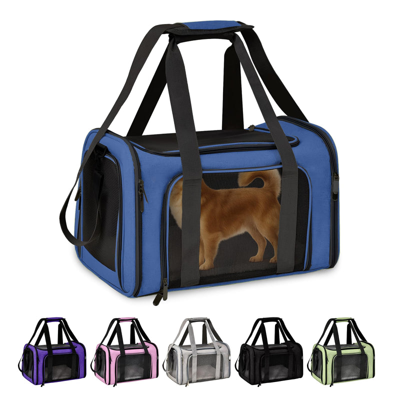 Pet Travel Carrier Bag – Airline Approved Soft-Sided Dog & Cat Carrier, Foldable, Breathable Mesh, Washable Pad – Fits Pets up to 15 lbs – The Pup Quartet (Blue) Blue