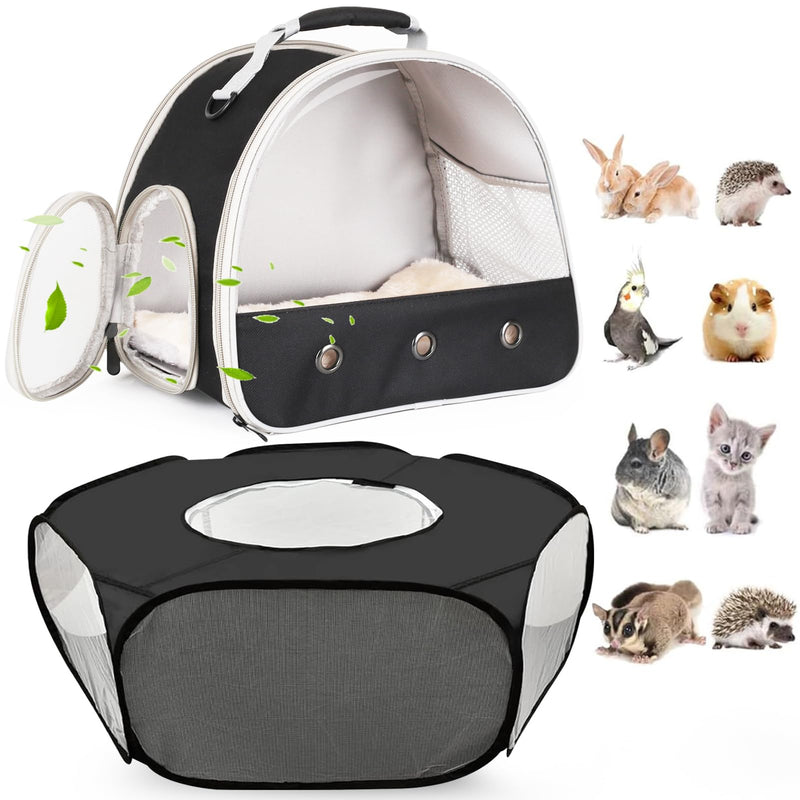 2-Pack Guinea Pig Carrier Backpack and Playpen with Lid, Breathable Pet Pen Excercise Fence, Portable Travel Cage for Bunny, Bearded Dragon, Rabbits, Hamster, Chinchillas, Sugar Glider, Squirrel Black Carrier+Pen with lid