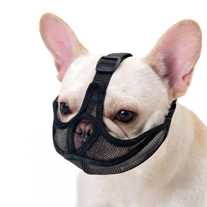 Short Snout Dog Muzzle with Soft Mesh, Breathable Won’t Cover Forehead Bulldog Muzzle, Anti Biting Chewing Barking for Small Medium Large Dogs(S,Black) S Black - PawsPlanet Australia