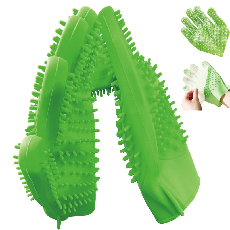 YOFANG Double-Side Pet Grooming Gloves, 4-in-1 Bathing Massage Hair Remover Brush, Anti-Slip Bite-Proof for Cat,Food Grade Silicone Deshedding Glove for Dogs Cats Horses Rabbits,Green-9" L (1 Pair) 9" L Green - PawsPlanet Australia