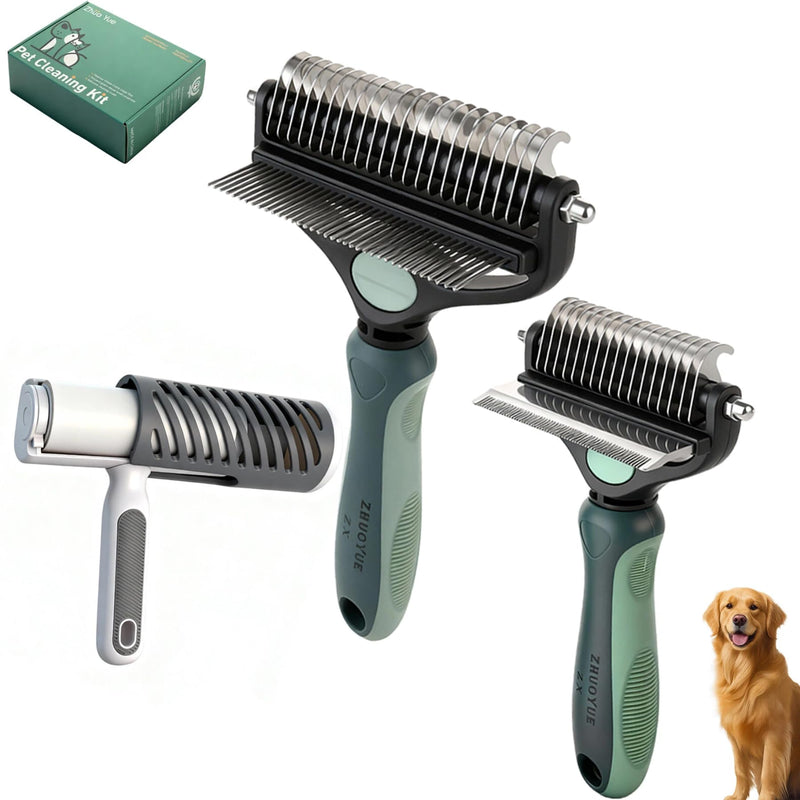 3-in-1 Deshedding Dog Brush, Deshedding Dog Grooming Brush & Undercoat Rake with Dematting Comb for medium to Large Double Coated, 3PCS, Peacock Green ? - PawsPlanet Australia