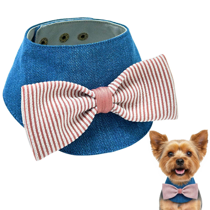 Denim Dog Bandana – Striped Bowtie, Soft & Durable Pet Scarf with Adjustable Metal Snap Buttons for Dogs & Cats (Red, Medium) Red
