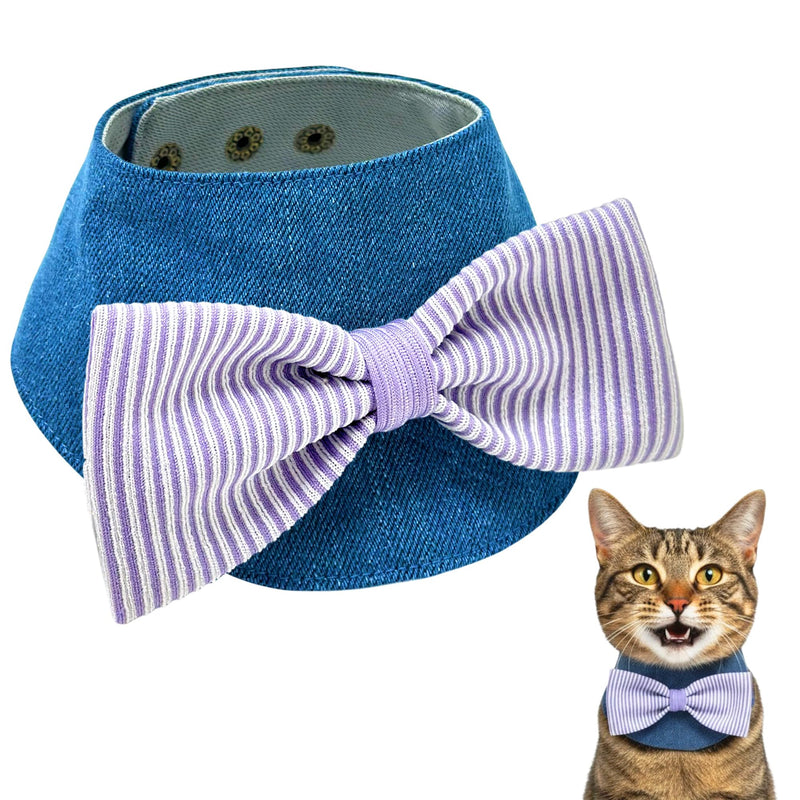Denim Dog Bandana – Striped Bowtie, Soft & Durable Pet Scarf with Adjustable Metal Snap Buttons for Dogs & Cats (Purple, Small) Purple - PawsPlanet Australia