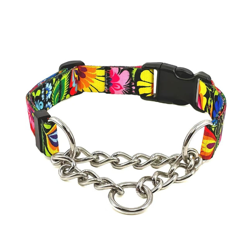 Martingale Dog Collar with Chain Stainless Steel, Nylon Dog Collar Flowers Pattern, Adjustable Training Walking Collar with Quick Release Buckle, Slip Chain Collar for Puppy Medium Large Dogs black Small - PawsPlanet Australia