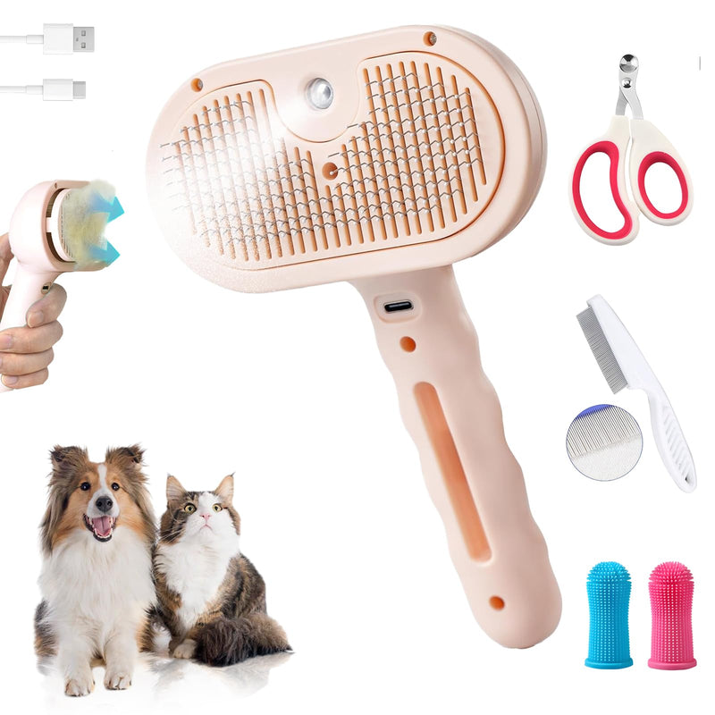 Pet Steam Brush for Dogs and Cats, 3 in 1 Steam Grooming Brush for Hair Shedding and Removal, Cleaning Spray Comb with Mist for Long-Haired Pets, Include Flea Comb, Nail Clippers, 2 Pet Toothbrushes Pink - PawsPlanet Australia