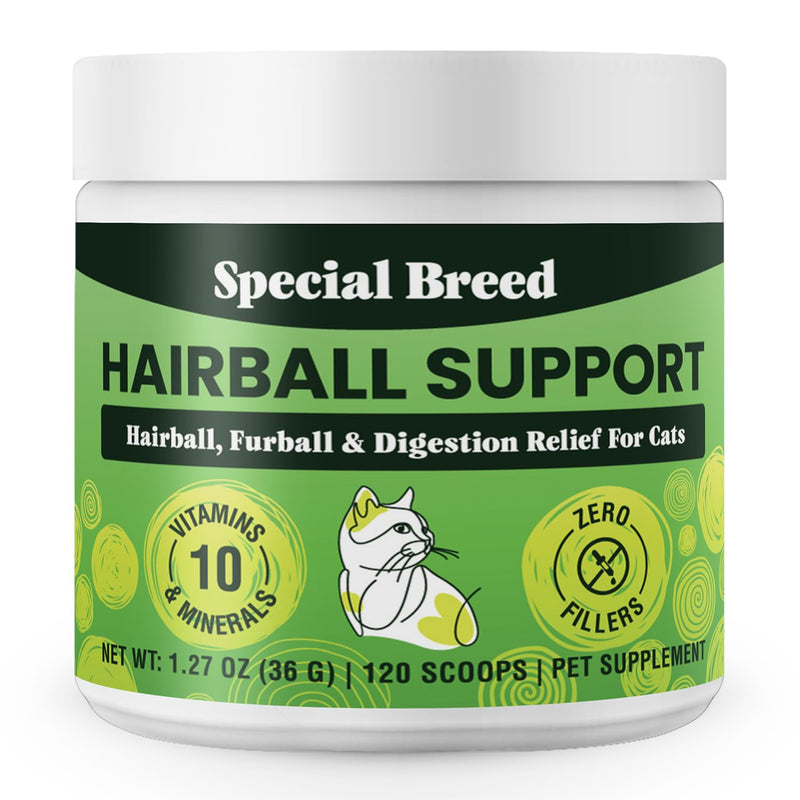 Special Breed Hairball Support for Cats - 10 Super Ingredients for Hairball Relief, Digestive Support & Healthy Skin - No Fillers - Psyllium, Pumpkin, Omega-3s & More - 120 Scoops 1.27oz
