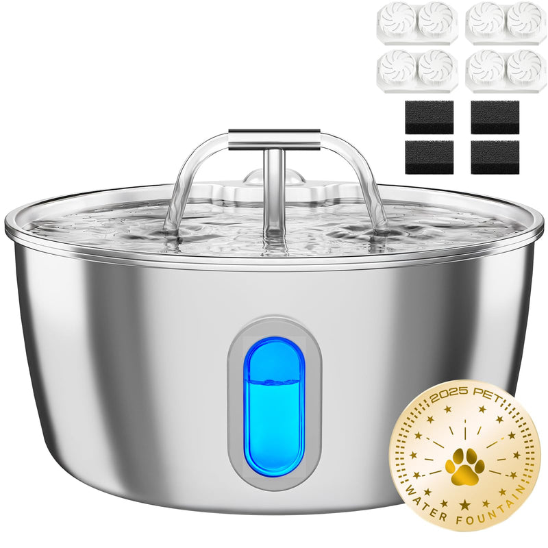 Cat Water Fountain Stainless Steel - 3.2L/108oz Pet Water Fountain for Cats Indoor - Automatic Pet Watering Dispenser (4 Filter) Cat Fountain + 4 Filter + 4 Sponge - PawsPlanet Australia