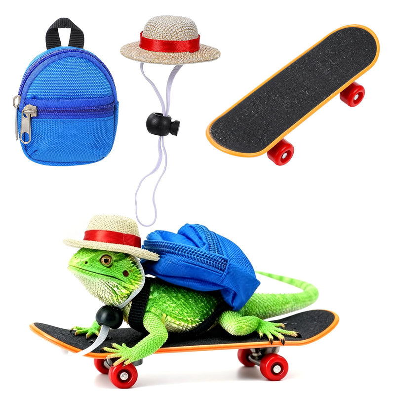3 Pack Bearded Dragon Accessories Set, Mini Backpack Adjustable Hat and Skateboard Bearded Dragon Toy for Lizard Hamster Parrot Turtle Reptile Small Pets - PawsPlanet Australia